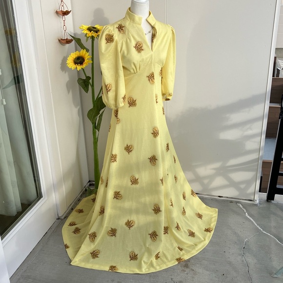 Vintage Dresses & Skirts - Vintage 60s 70s Pastel Yellow Prairie Maxi Dress with Brown Floral Puff Sleeves